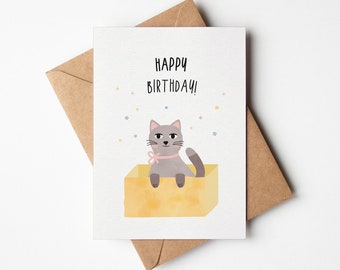 Geburtstagskarte Katze im Karton / Happy Birthday / Postkarte A6 Naturpapier / Grußkarte / Glückwunsch