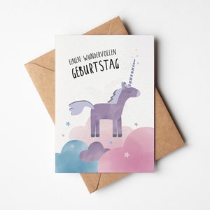 Einhorn Geburtstagskarte, Happy Birthday Karte Einhorn-Fan Mädchen, Rosa Wolken, Karte zum Einhorngeburtstag