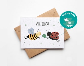 Seed Paper Card "Good Luck" / Bee Ladybug / Cute Greeting Card to Plant / Postcard A6 Recycled Paper