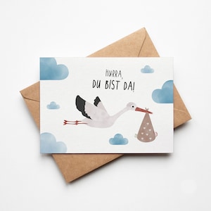 Karte zur Geburt, Babykarte Storch, Geschenk Baby Karte, Karte zur Geburt Junge, Glückwunschkarte zur Geburt, Postkarte A6 Naturpapier