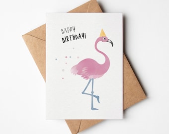 Geburtstagskarte Flamingo /  Happy Birthday / Glückwunsch Geburtstag / Postkarte A6 Naturpapier