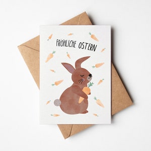 Osterkarte, niedlicher Osterhase mit Möhren, Ostergrüße Karte, Postkarte zu Ostern