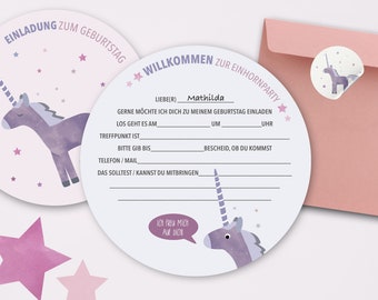 Geburtstagseinladung Einhorn, Einhornparty Kindergeburtstag, Einladung zum Ausfüllen, Karte + Kuvert + Sticker