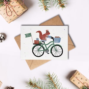 Weihnachtskarte Eichhörnchen auf Fahrrad / Merry Christmas / Postkarte A6 Naturpapier