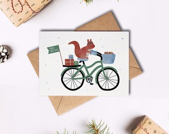 Weihnachtskarte Eichhörnchen auf Fahrrad / Merry Christmas / Postkarte A6 Naturpapier