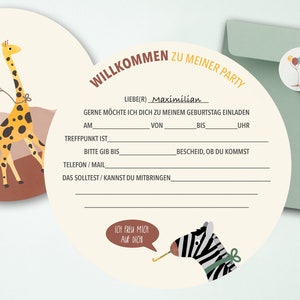 Einladungskarte Safari-Tiere Afrika Geburtstag / Karte + Kuvert + Sticker / Kindergeburtstag Einladung zum Ausfüllen