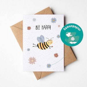 Samenpapier Karte "Bee Happy", Blumensamen-Karte, Karte zum Einpflanzen, besondere Kare, nachhaltiges Geschenk, Biene & Blumen