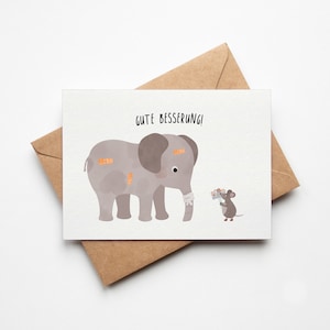 Karte gute Besserung / Genesungswünsche  / niedlicher Elefant und Maus / Liebe Grüße