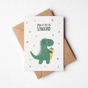 Karte zur Einschulung Dinosaurier, Einschulungs Geschenk Jungs, Geschenke Schulkind, Postkarte A6 Naturpapier