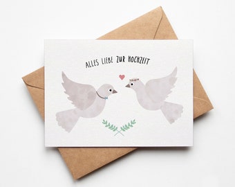 Karte zur Hochzeit / Tauben, schlicht, modern  / Glückwunsch alles Liebe / Postkarte A6 Naturpapier