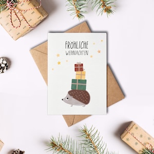 Weihnachtskarte Igel / Fröhliche Weihnachten / Geschenke Sterne /  Postkarte A6 Recyclingkarton