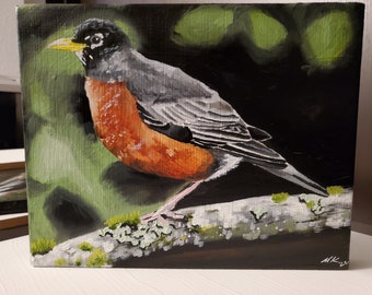 Robin on Big Leaf Maple Branch - Original Oil Painting 8x10