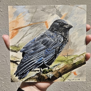 Blue Crow 6x6 original watercolor painting on aquabord