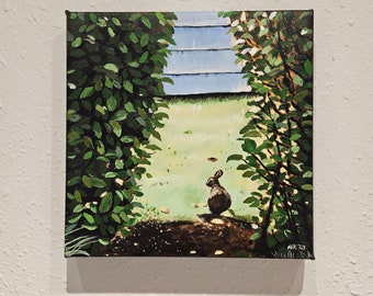 The Bunny Hedge 12x12 original oil painting on canvas