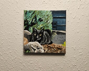 Neighborhood Watcher - 8x8 oil on canvas original painting black cat