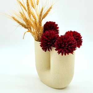 May include: A white ceramic vase with a unique U-shape design, holding a bouquet of red flowers and dried wheat stalks.
