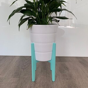 Puede incluir: Una maceta de cerámica blanca con una planta verde se asienta sobre un soporte de planta de madera azul claro.