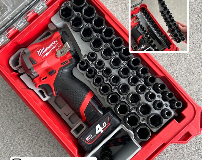 Custom Insert Organizer For Milwaukee Packout 48-22-8435 – Fits M12 Stubby 1/2″ Impact Wrench 2563-20 & 43PC Socket Set – PETG, USA Made, Drop-In Design