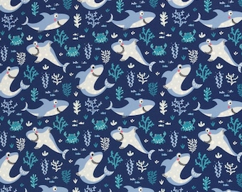 Softshell 16EUR/meter Sharks Rest 1,2 m Fabric Sold by the meter blue funny fish grey fleece side