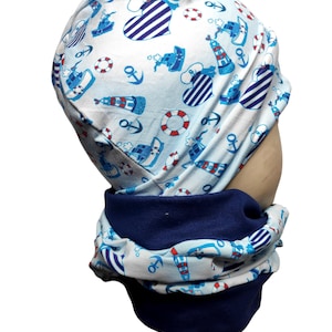 hellblau Beanie maritim Schiff Boot Leuchtturm mit/ ohne Halstuch gefüttert/ungefüttert handmade