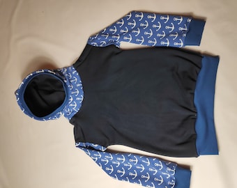 Hooded sweater, very thick from Alpine fleece with French Terry anchor motifs, handmade