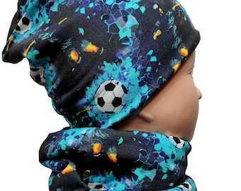 Beanie with/ without scarf, midnight blue jersey with football motifs lined/unlined handmade
