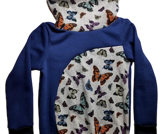 midnight blue sweater, thick winter sweater butterflies butterfly midnight blue cuffs handmade collar