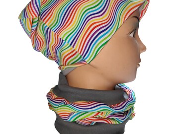 Beanie with/without scarf white jersey with colorful wavy lines lined/unlined handmade