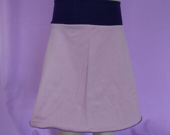 Skirt handmade A-line delicate salmon pink, with purple rolled hem