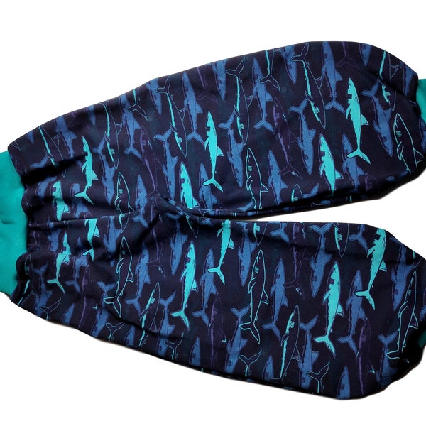 Pumphose dunkelblau Haie Fische türkise atlantis Bündchen unifarben  68-164 handmade Sommersweat 140 146 152 185 164