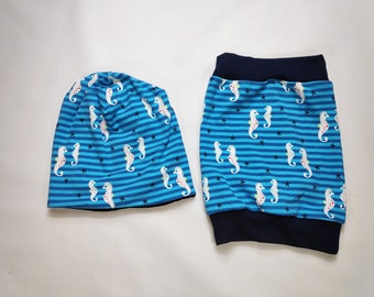 Beanie with scarf, dark blue-light blue striped with white seahorse handmade