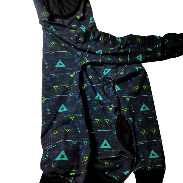 Kapuzenshirt schwarz Sweatstoff, Taschen, grüne Dreiecke , handmade 86/92 - 158