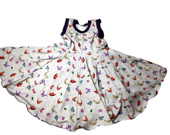 Tellerkleid grau meliert lila Schmetterlige tiere handmade 86-164 Drehkleid Sommerkleid