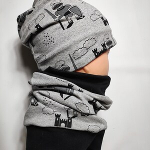 Beanie with scarf, mottled grey with black knights handmade