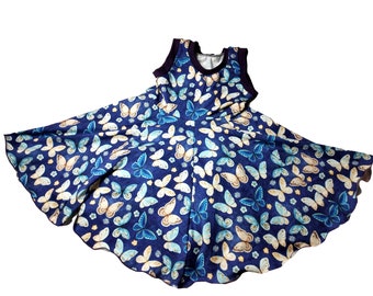 Tellerkleid jeansblau Schmetterlige tiere handmade 86-164 Drehkleid Sommerkleid