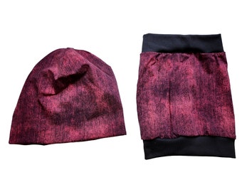 Beanie with/without scarf wine red bordeaux jersey marbled lined/unlined handmade