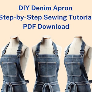May include: Three denim aprons with adjustable straps, a large pocket, and a tie belt. DIY Denim Apron Step-by-Step Sewing Tutorial PDF Download.
