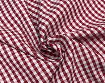 Burgundy Gingham Fabric: 1/8" Checkered Poly Cotton, 60" Wide - Sold By The Yard