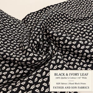 Hand Block Prints RJR Fabrics 2007 | 100 Cotton Vintage Quilting Fabric |  Black & Ivory Leaf Quilter’s Cotton Fabric