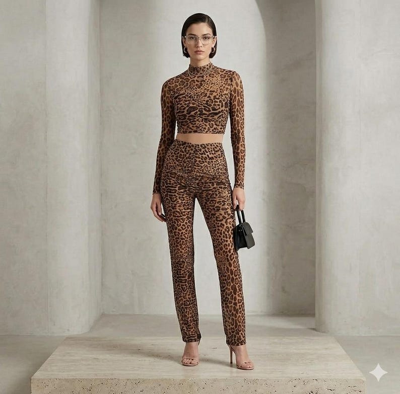 K&ouml;nnte beinhalten: Zweiteiliges Outfit mit braunem und schwarzem Leopardenmuster. Das Set besteht aus einem lang&auml;rmeligen Crop-Top mit hohem Ausschnitt und einer Hose mit geradem Bein. Eine kleine schwarze Handtasche und nudefarbene Abs&auml;tze vervollst&auml;ndigen den Look.