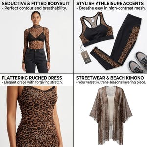 K&ouml;nnte beinhalten: Eine Auswahl an Damenbekleidung mit Leopardenmuster. Das Bild zeigt einen Body, ein Sport-BH- und Leggings-Set, ein gerafftes Kleid und einen Kimono. Der Text lautet: "SEDUCTIVE & FITTED BODYSUIT", "STYLISH ATHLEISURE ACCENTS", "FLATTERING RUCHED DRESS" und "STREETWEAR & BEACH KIMONO".