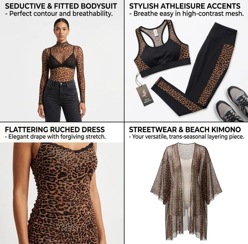 K&ouml;nnte beinhalten: Eine Auswahl an Damenbekleidung mit Leopardenmuster. Das Bild zeigt einen Body, ein Sport-BH- und Leggings-Set, ein gerafftes Kleid und einen Kimono. Der Text lautet: "SEDUCTIVE & FITTED BODYSUIT", "STYLISH ATHLEISURE ACCENTS", "FLATTERING RUCHED DRESS" und "STREETWEAR & BEACH KIMONO".