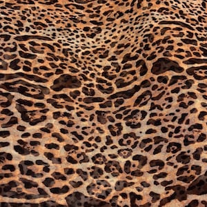 K&ouml;nnte beinhalten: Nahaufnahme eines Stoffes mit Leopardenmuster. Der Stoff hat einen beigefarbenen Hintergrund mit dunkelbraunen Flecken und unregelm&auml;&szlig;igen Formen, wodurch ein wildes Tiermuster entsteht. Der Stoff scheint leicht und m&ouml;glicherweise durchsichtig zu sein.