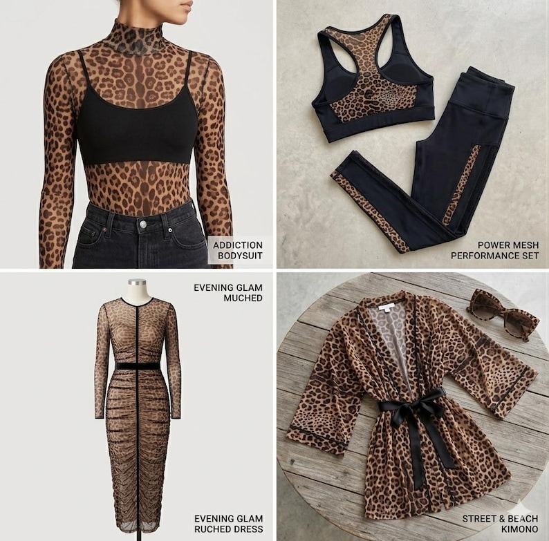 K&ouml;nnte beinhalten: Eine Kollektion von Damenbekleidung mit Leopardenmuster. Enth&auml;lt einen Body, ein Sport-BH- und Leggings-Set, ein gerafftes Kleid und einen Kimono mit passendem G&uuml;rtel. Sonnenbrillen sind ebenfalls enthalten.