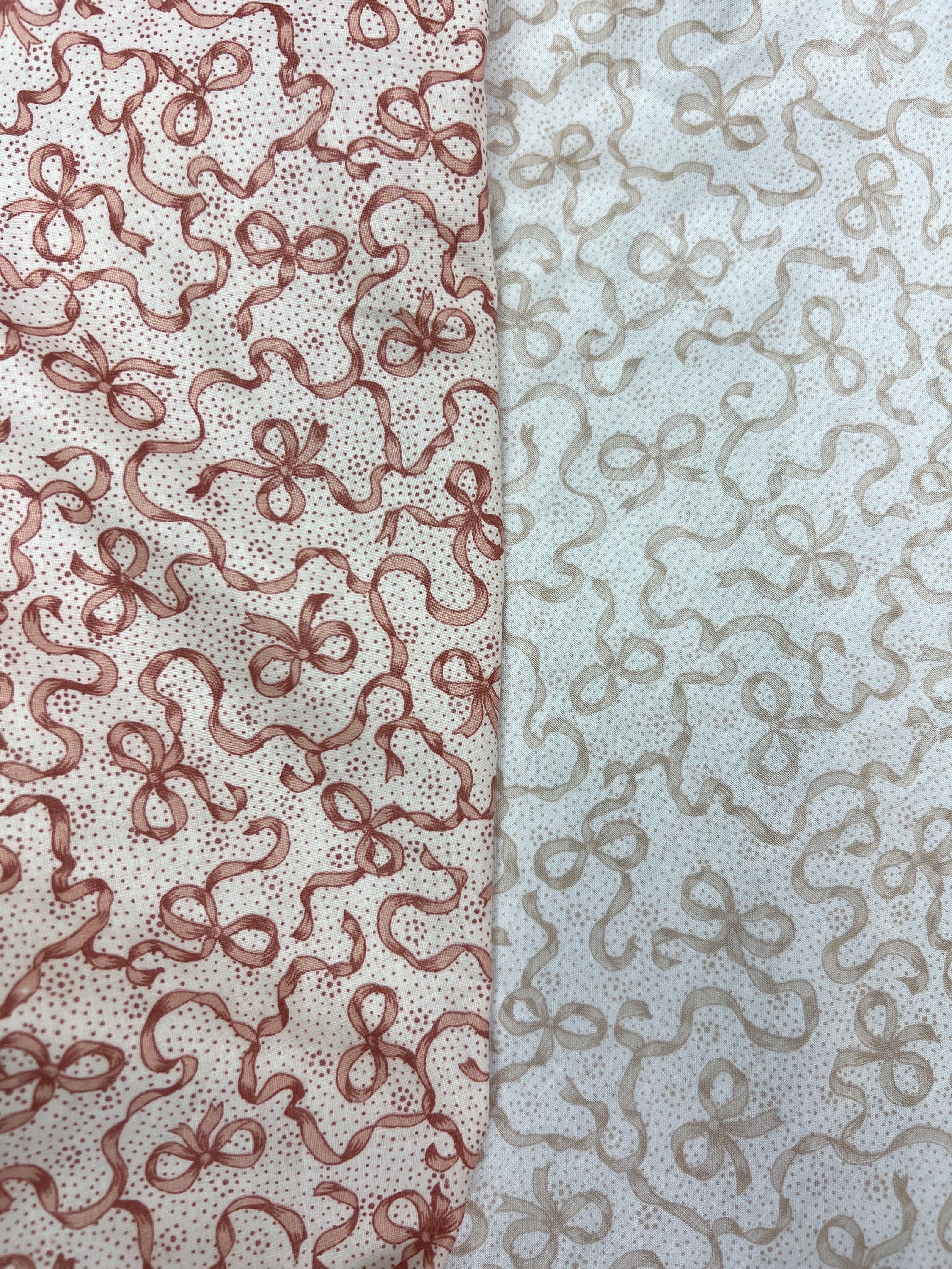Ribbon Print Cotton Quilting Fabric: Pink & Beige, 54" Wide