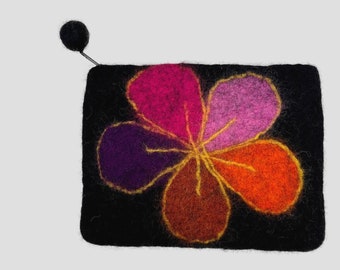 Multi Color Floppy Flower Black Felt Coin Purse, Mobile Purse