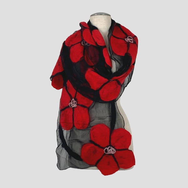 Wet Felt Flower Scarf, Red Flower Felt Scarf, Soft Scarf, Felted Scarf, Nuno Felted Scarf, Felt Scarves