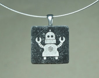 Necklace with RETRO ROBOT 2 stone engraving | Stone pendant with motif | Chain variations can be selected according to preference | Piece of jewelry with a picture