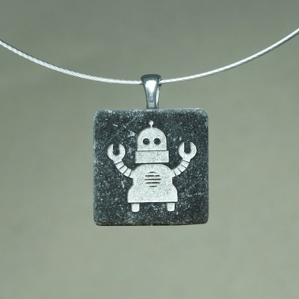 Kette mit RETRO ROBOTER 2 Stein-Gravur | Stein Anhänger mit Motiv | Kettenvariationen nach Vorliebe wählbar | Schmuckstück mit Bild