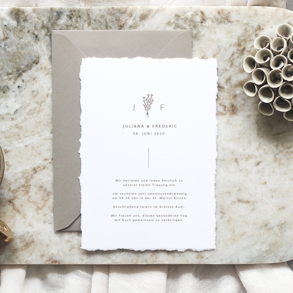 Hochzeitseinladung Juliana, Moderne Einladungskarte, Minimalistische Einladung, Büttenpapier, Handgeschöpftes Papier